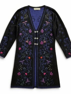 Peruvian Link Alpaca Vintage Embroidered Long Cardigan Sweater Floral Size L
